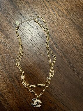 Gold-Tone Double Chain Necklace with Chanel Pendant